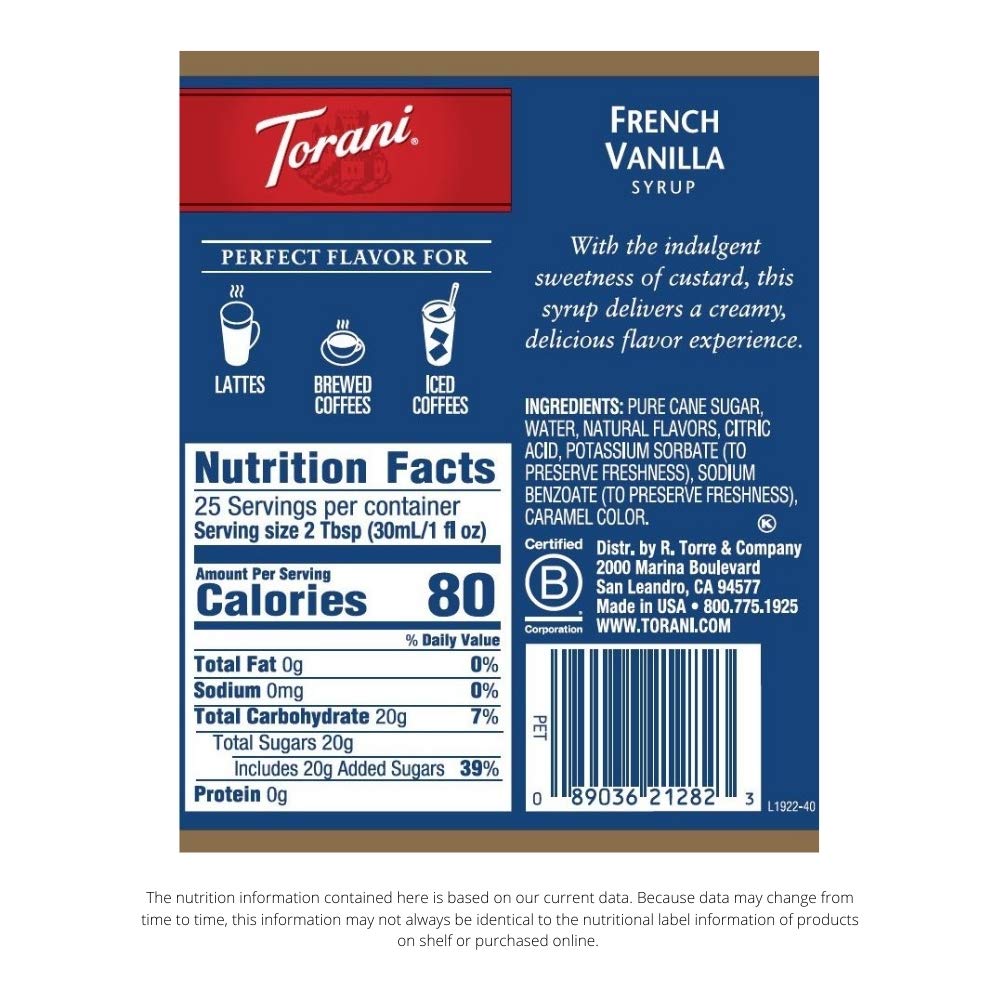 Torani French Vanilla Flavored Drink Syrup, 25.4 fl oz, 4 Pack