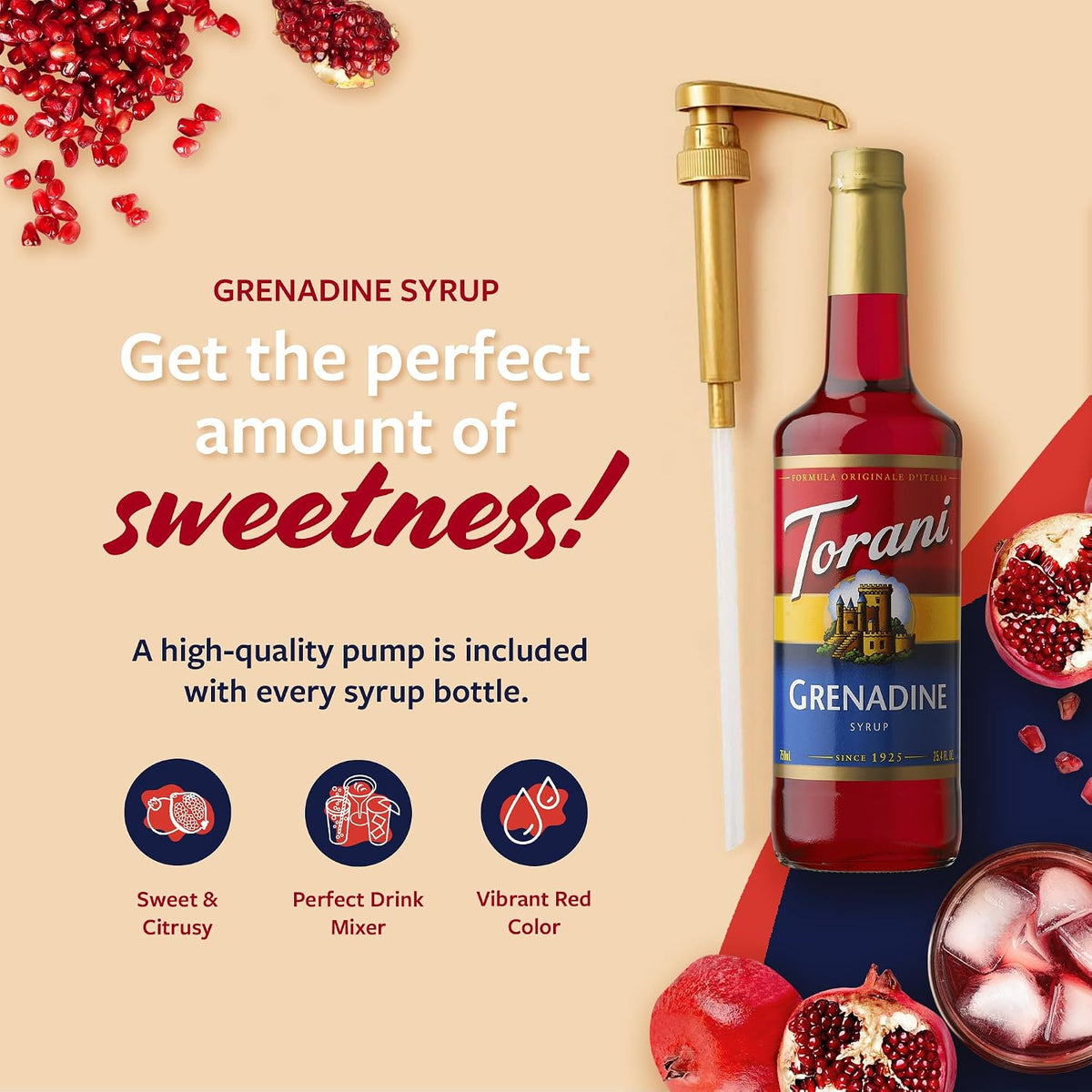 Torani Syrup, Grenadine Flavoring for Drinks, Pump Included, 25.4 Fl Oz